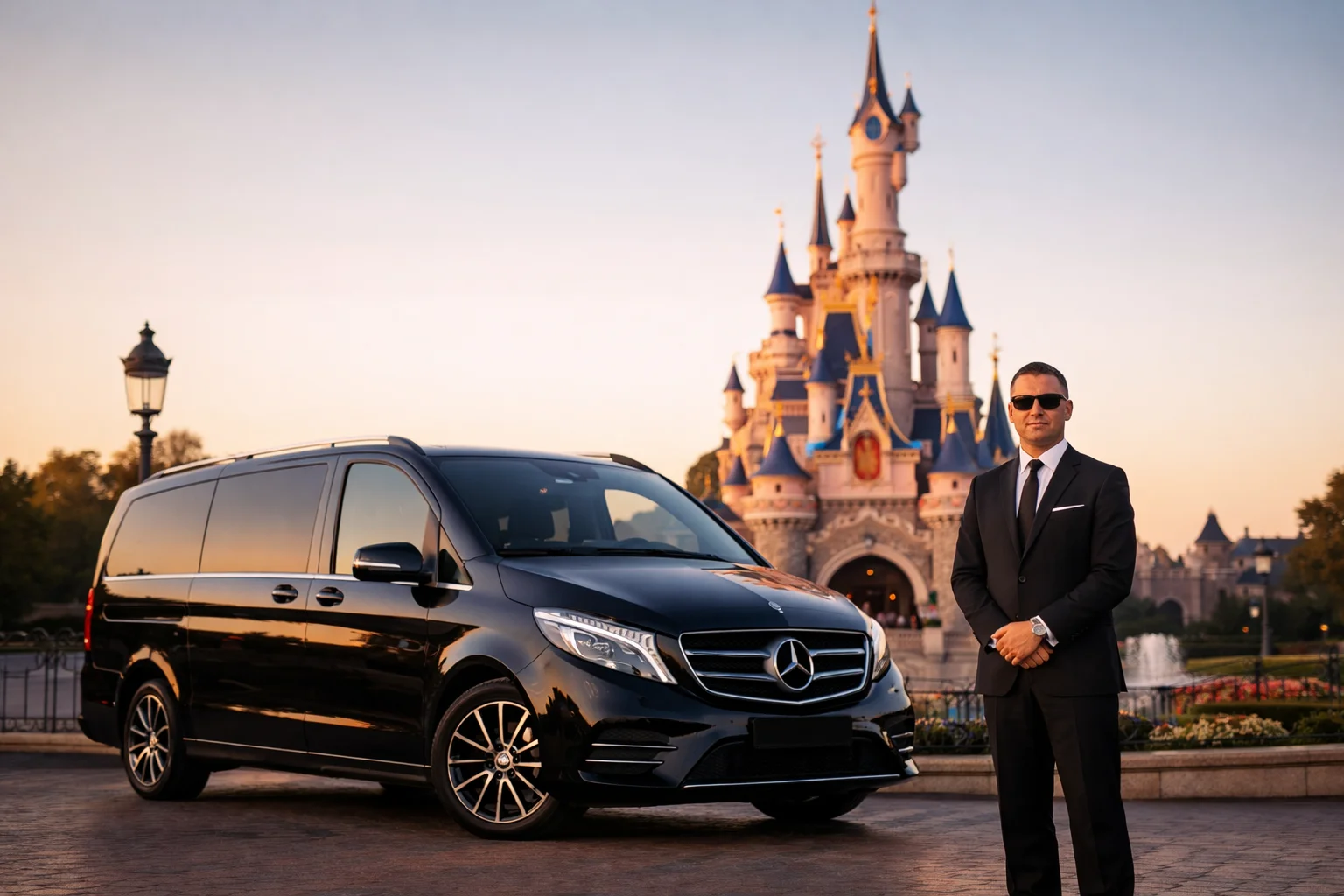 Chauffeur privé en costume devant un van Mercedes Classe V — Disneyland Paris